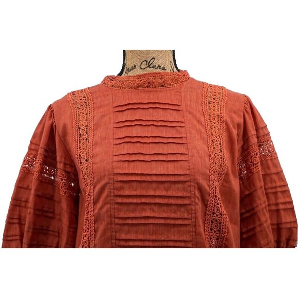 Ces Femme Women Top‎ Small Rust Lace Ruched Embroidered Detailed Button Closure - Picture 4 of 9